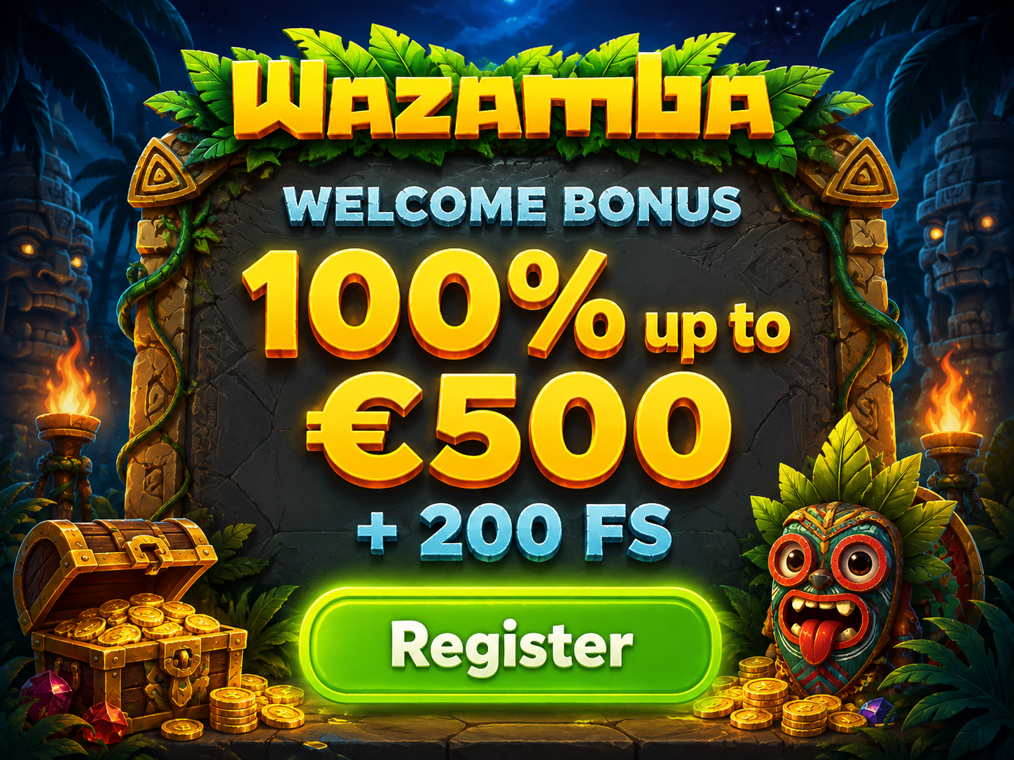 Ilustracja skrzyni skarbów reprezentującej bonus powitalny Wazamba i darmowe spiny w Polsce